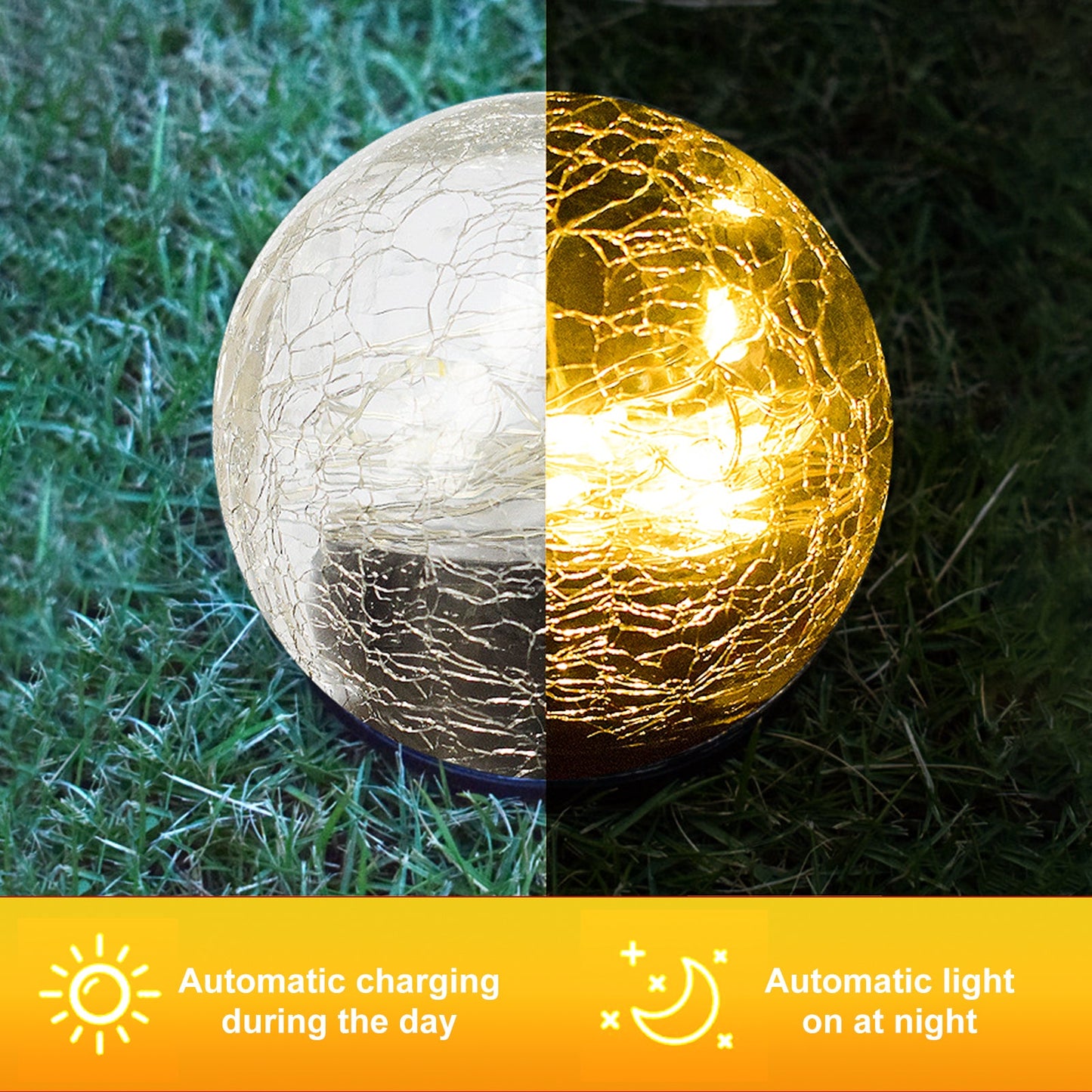 For that warm natural lights that will give your  surroundings the true feeling of home, buy our 2Pcs Solar Lights Outdoor Garden Decor Cracked Glass Ball